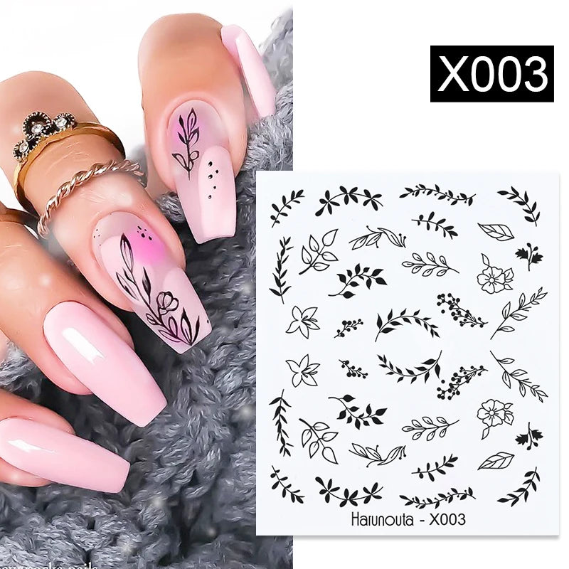 Black Lines Flower Leaf Water Decals Stickers