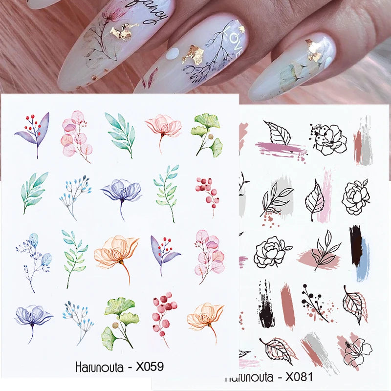 Harunouta Pegatinas de agua con líneas negras, flores, hojas, diseño de primavera, tema verde simple, patrón de mármol facial, deslizador para decoración de uñas