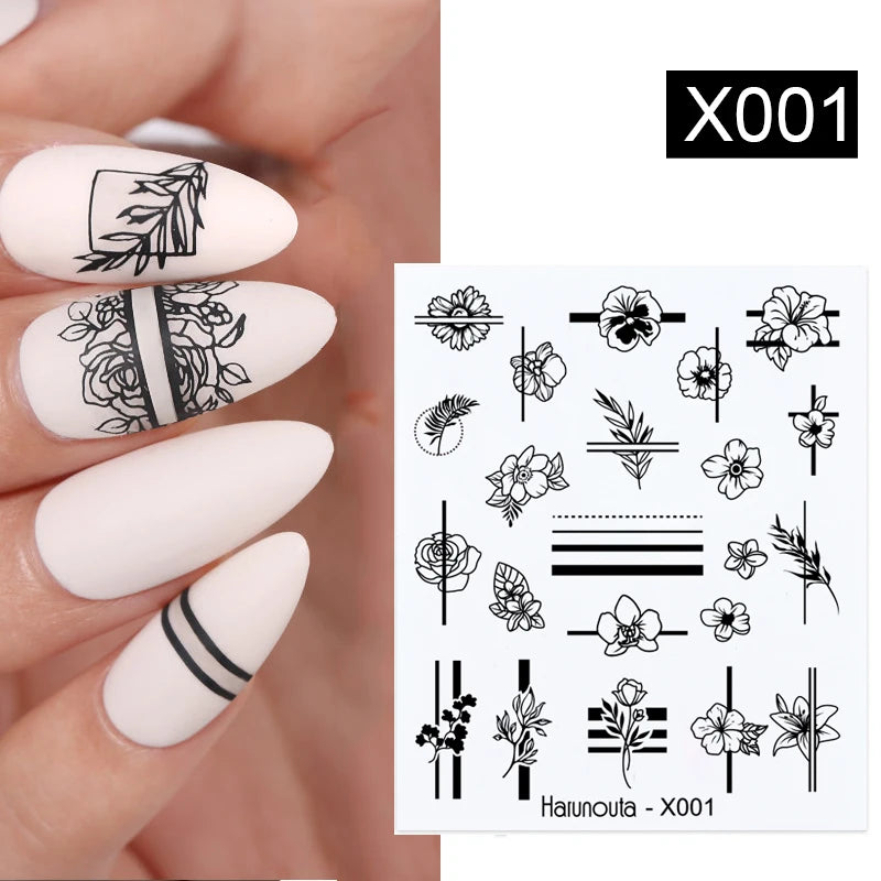 Black Lines Flower Leaf Water Decals Stickers
