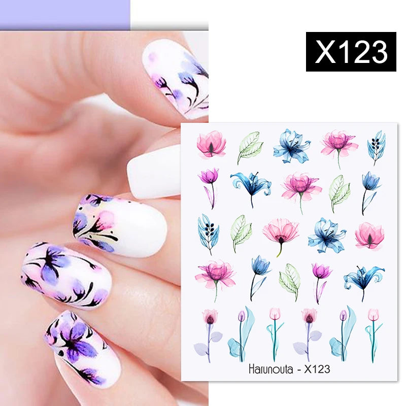 Harunouta Pegatinas de agua con líneas negras, flores, hojas, diseño de primavera, tema verde simple, patrón de mármol facial, deslizador para decoración de uñas