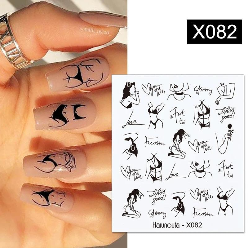 Black Lines Flower Leaf Water Decals Stickers