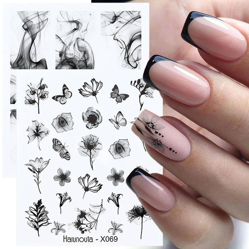 Harunouta Pegatinas de agua con líneas negras, flores, hojas, diseño de primavera, tema verde simple, patrón de mármol facial, deslizador para decoración de uñas