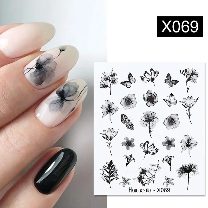 Black Lines Flower Leaf Water Decals Stickers