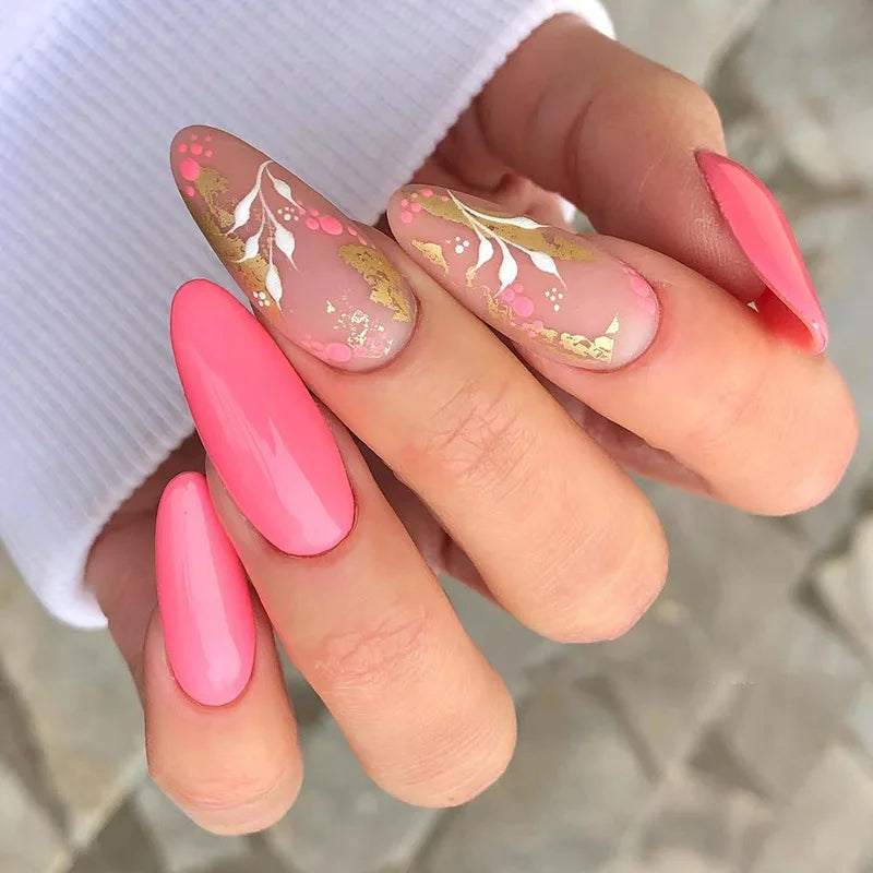 24 piezas/Set de Uñas Postizas Almendradas Oblicuas Rosa Loto con Línea Dorada, Material Profesional de Arte, Suministros de Uñas Falsas para Profesionales