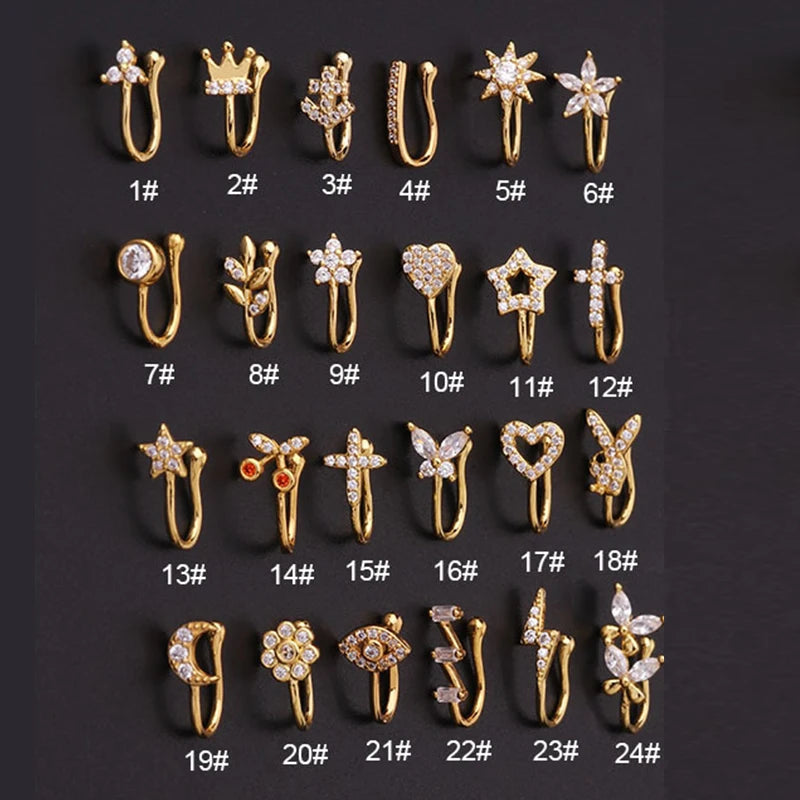 Anillo de nariz con clip falso para perforaciones, brazalete de joyería corporal para mujer, nueva tendencia, 1 unidad, aretes de puño, anillos con clip de corazón, estrella, flores, mariposa KAE197