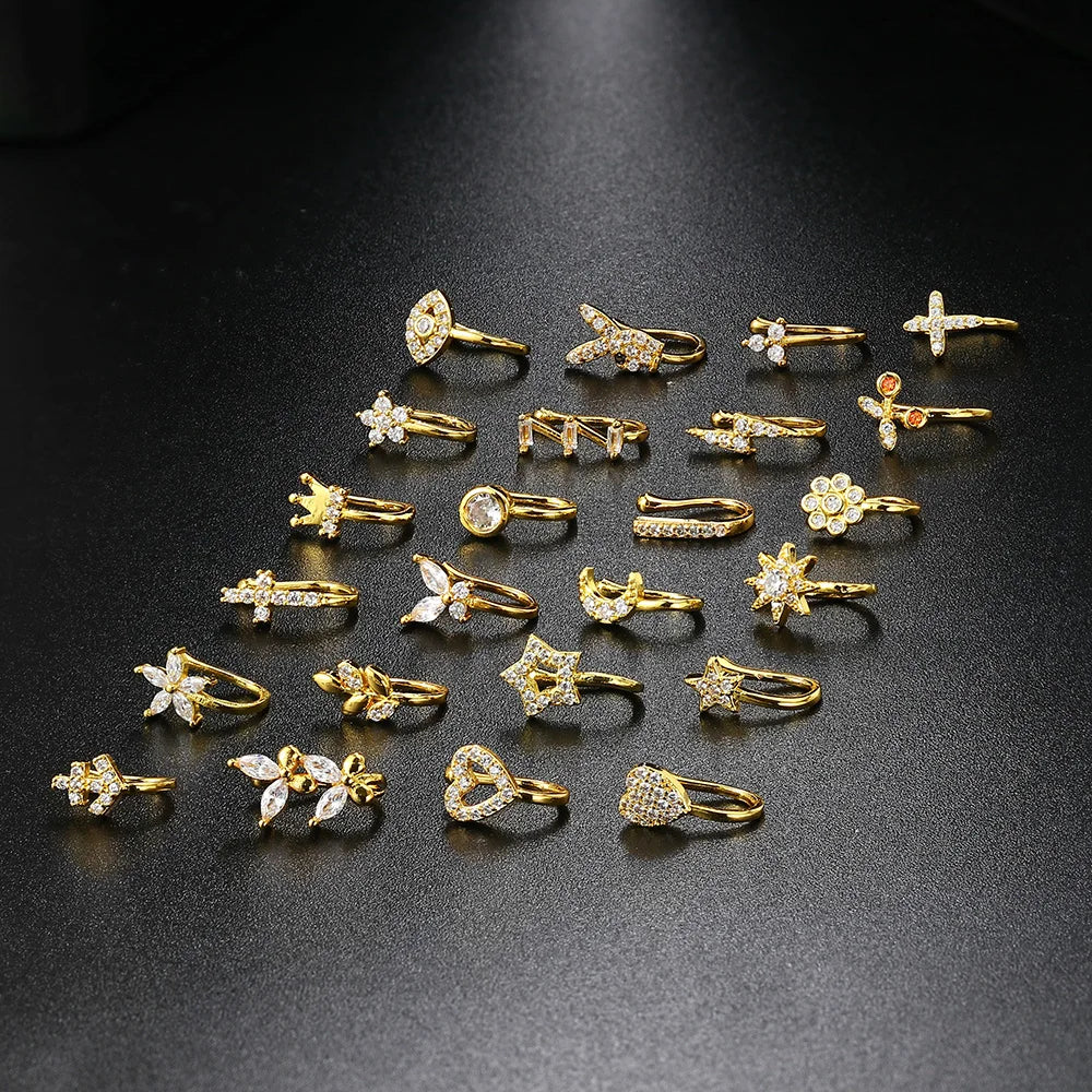 Anillo de nariz con clip falso para perforaciones, brazalete de joyería corporal para mujer, nueva tendencia, 1 unidad, aretes de puño, anillos con clip de corazón, estrella, flores, mariposa KAE197