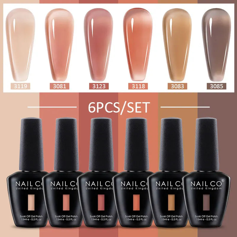 NAILCO Juego de 6 esmaltes de uñas de gel transparente efecto gelatina, color rosa nude cristalino, semipermanente, híbrido, para remojo de uñas.