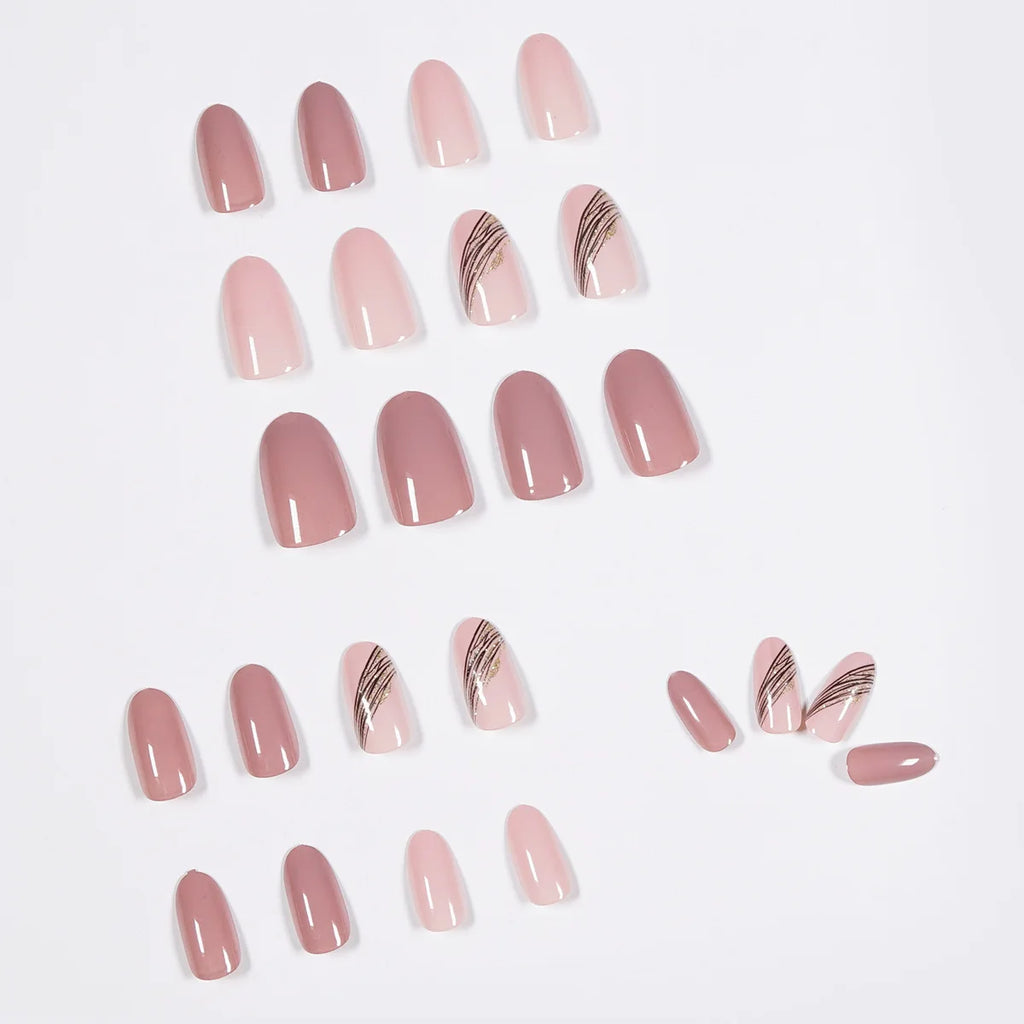 24 piezas/Set de Uñas Postizas Almendradas Oblicuas Rosa Loto con Línea Dorada, Material Profesional de Arte, Suministros de Uñas Falsas para Profesionales