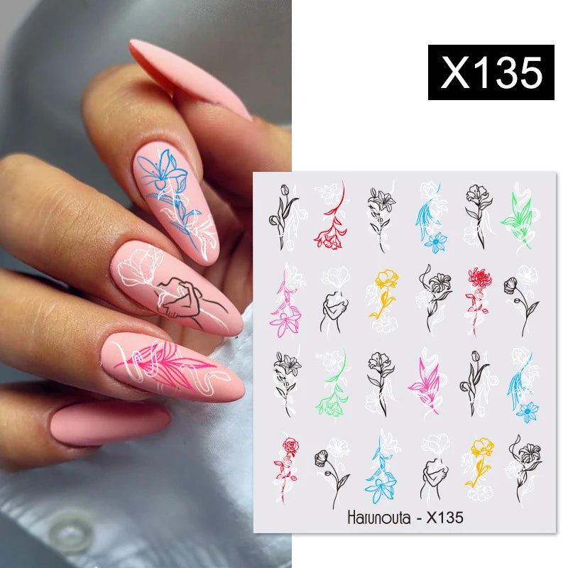 Black Lines Flower Leaf Water Decals Stickers