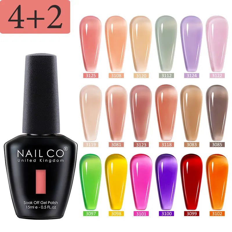 NAILCO Juego de 6 esmaltes de uñas de gel transparente efecto gelatina, color rosa nude cristalino, semipermanente, híbrido, para remojo de uñas.