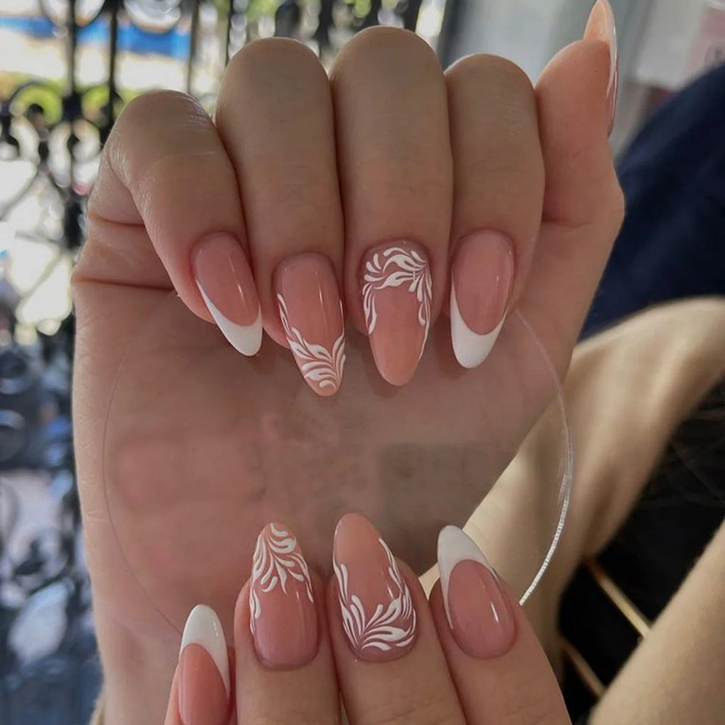 24 piezas/Set de Uñas Postizas Almendradas Oblicuas Rosa Loto con Línea Dorada, Material Profesional de Arte, Suministros de Uñas Falsas para Profesionales