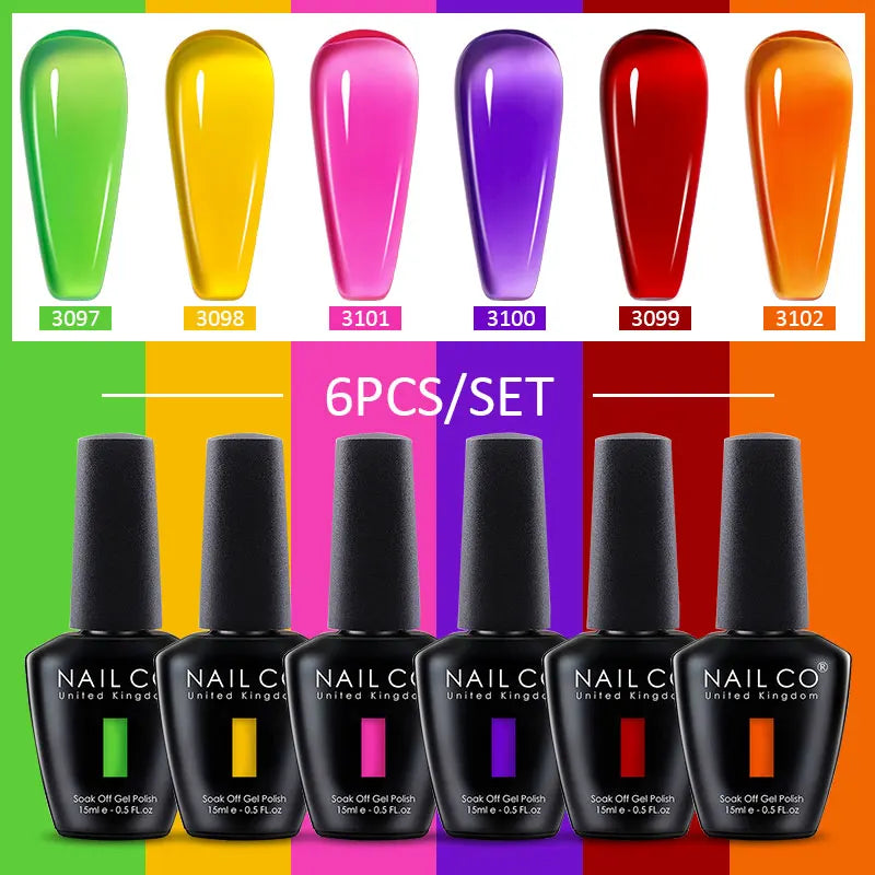NAILCO Juego de 6 esmaltes de uñas de gel transparente efecto gelatina, color rosa nude cristalino, semipermanente, híbrido, para remojo de uñas.
