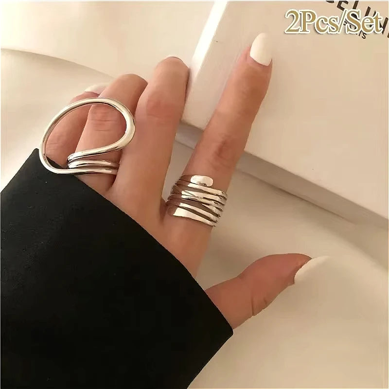 Juego de anillos masivos con líneas únicas en color plata