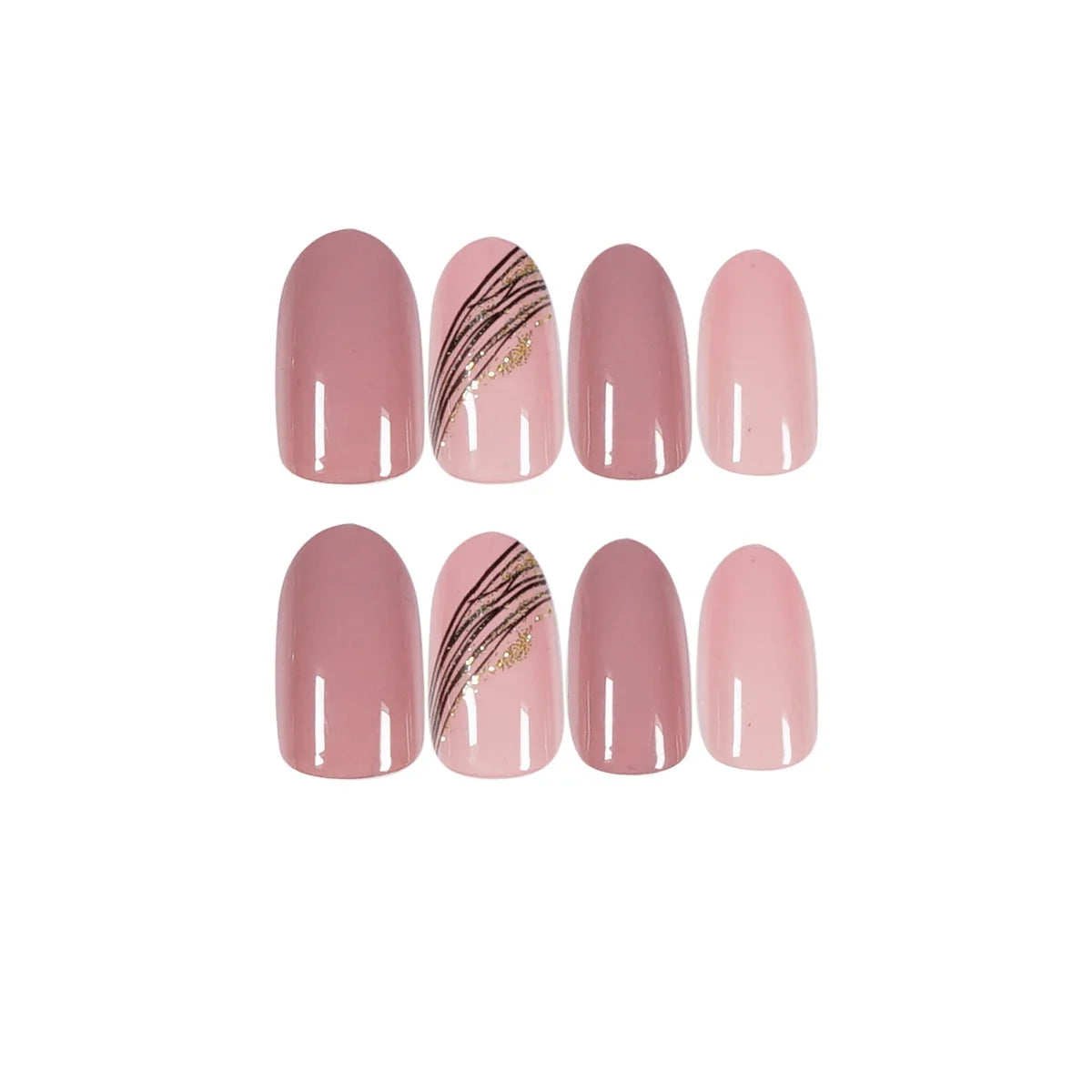 24 piezas/Set de Uñas Postizas Almendradas Oblicuas Rosa Loto con Línea Dorada, Material Profesional de Arte, Suministros de Uñas Falsas para Profesionales