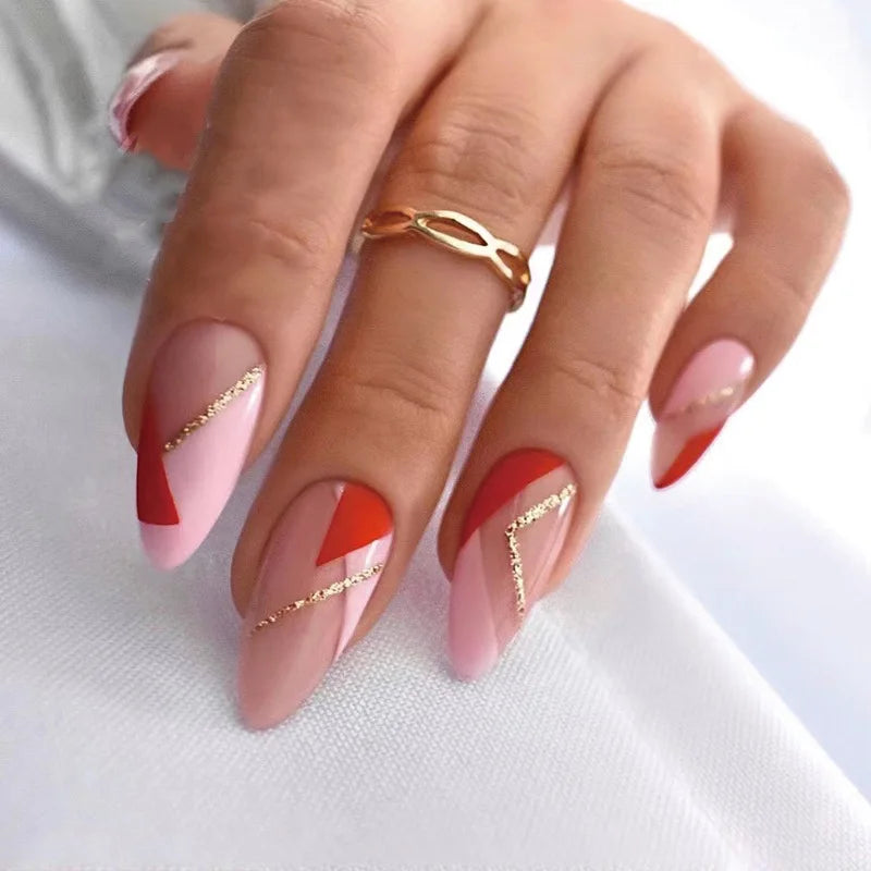 24 piezas/Set de Uñas Postizas Almendradas Oblicuas Rosa Loto con Línea Dorada, Material Profesional de Arte, Suministros de Uñas Falsas para Profesionales