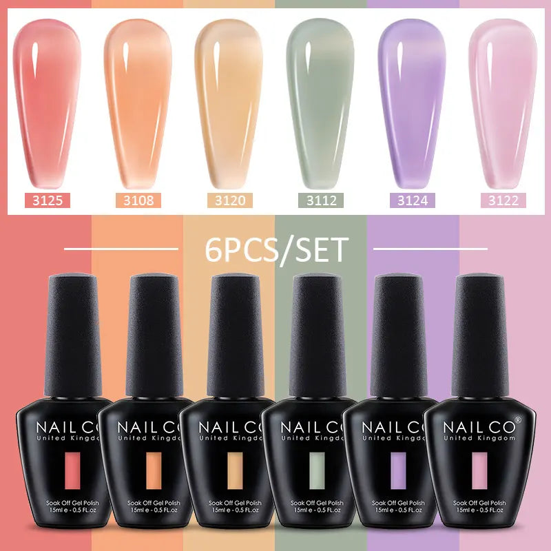NAILCO Juego de 6 esmaltes de uñas de gel transparente efecto gelatina, color rosa nude cristalino, semipermanente, híbrido, para remojo de uñas.